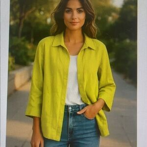 Effortless Linen Woman Lime Green Jacket 3/4 Sleeve Timless Classic Plus Size 1X